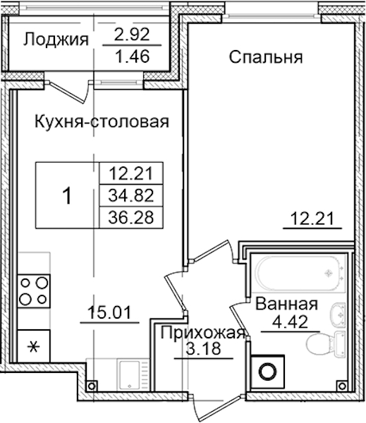 1-комнатная квартира 36.28 м², 1/9 эт., ЖК «Квартал Заречье»